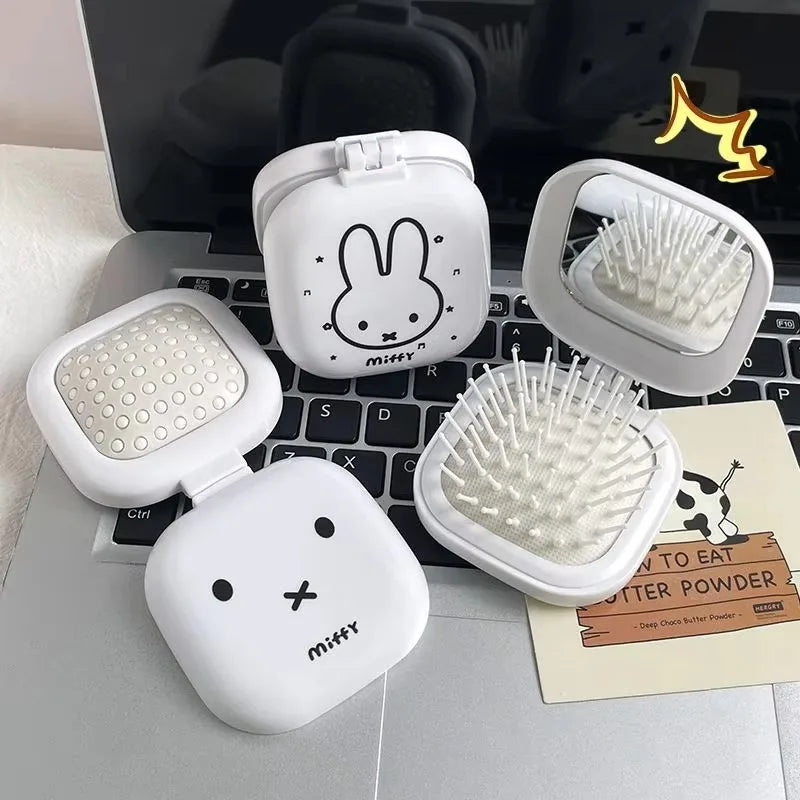 Cute Miffy Cartoon Rabbit Folding Air Cushion Comb With Mirror 2 in 1 Compact Pocket Comb Portable Student Travel Hair Tool Gift