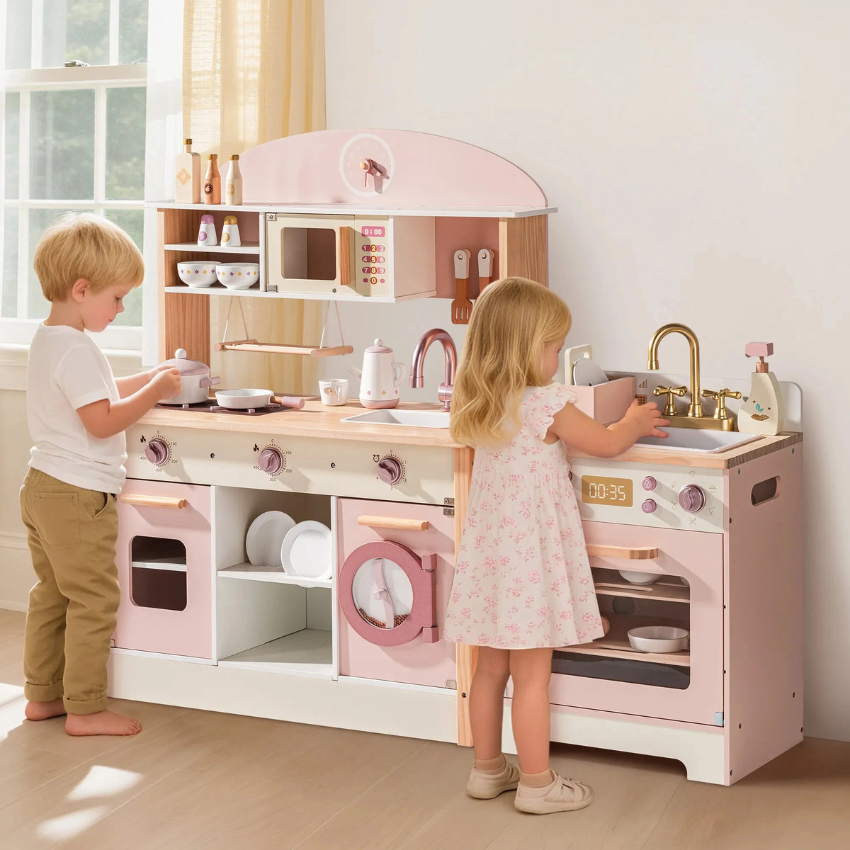 Robud Kids Wooden Pink Play Kitchen All in 1 Corner Set Includes Oven Refrigerator Washer Perfect Birthday Gift for Little Chefs