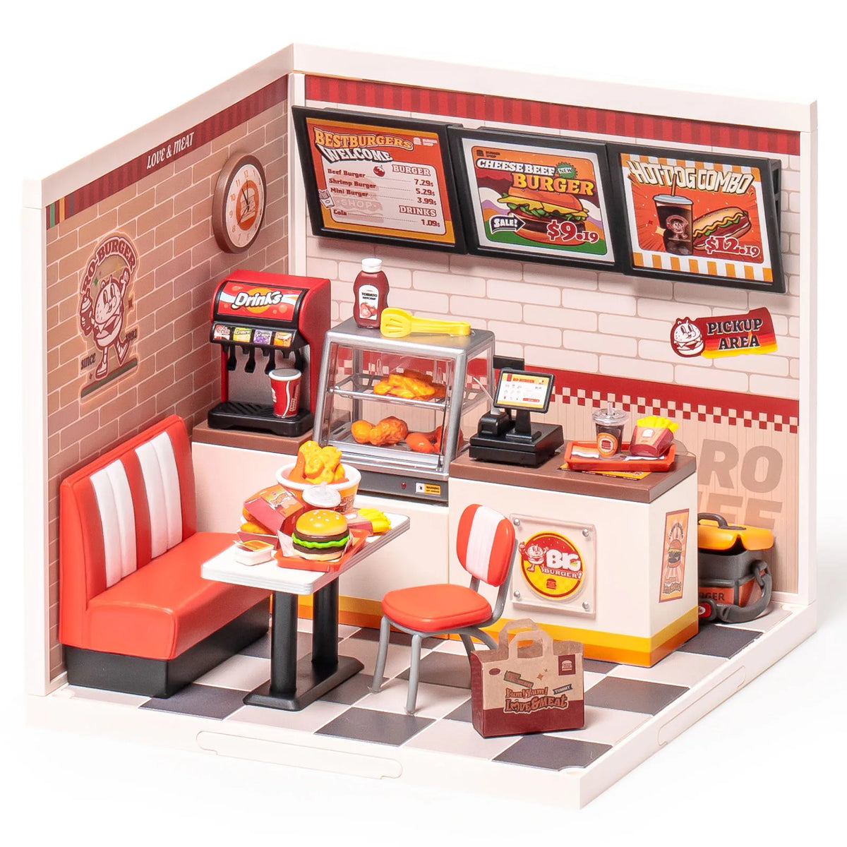Rolife DIY Miniature House Kit Yum Yum Burgers Super Creator Dollhouse 3D Puzzle Model Building Kit with LEDLight for Desk Decor