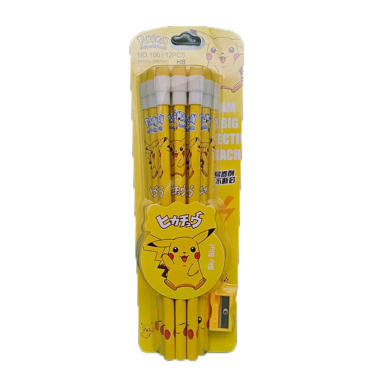 12pcs Cartoon Pencil with Eraser Pencil Sharpener Cute Anime Figure School Supplies Office Stationery Kawaii Tools Gifts