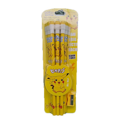 12pcs Cartoon Pencil with Eraser Pencil Sharpener Cute Anime Figure School Supplies Office Stationery Kawaii Tools Gifts