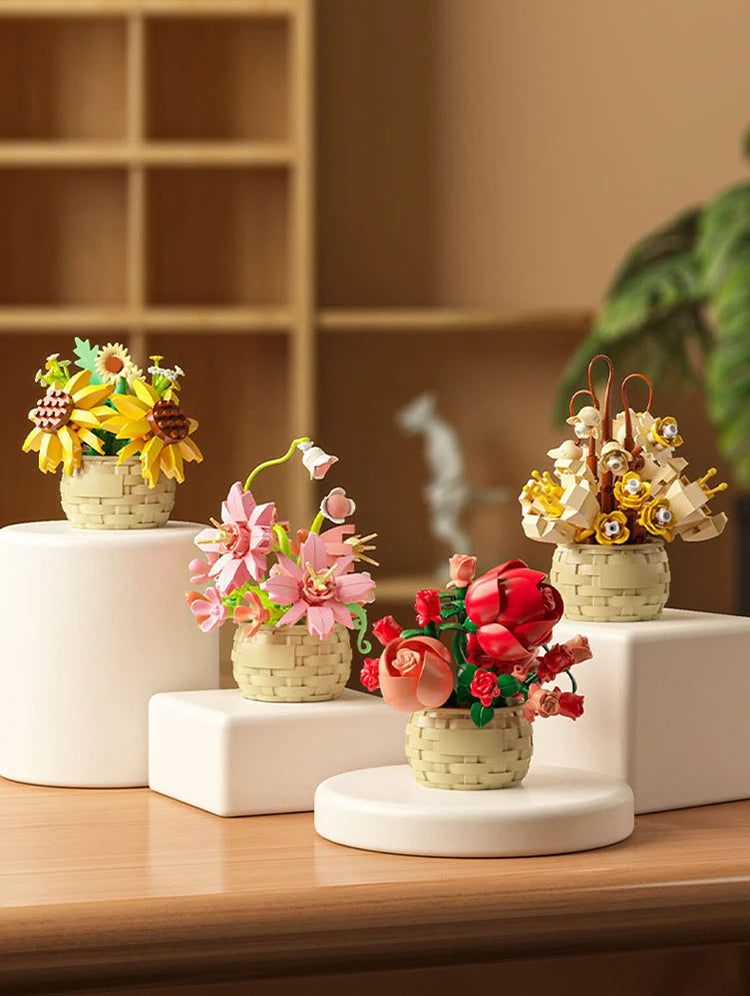 DIY MOC Potted Rose Sunflower Plants Succulents Bonsai Tree Gardens Romantic Building Blocks Model Bricks Kid Sets Kits Toy Girl