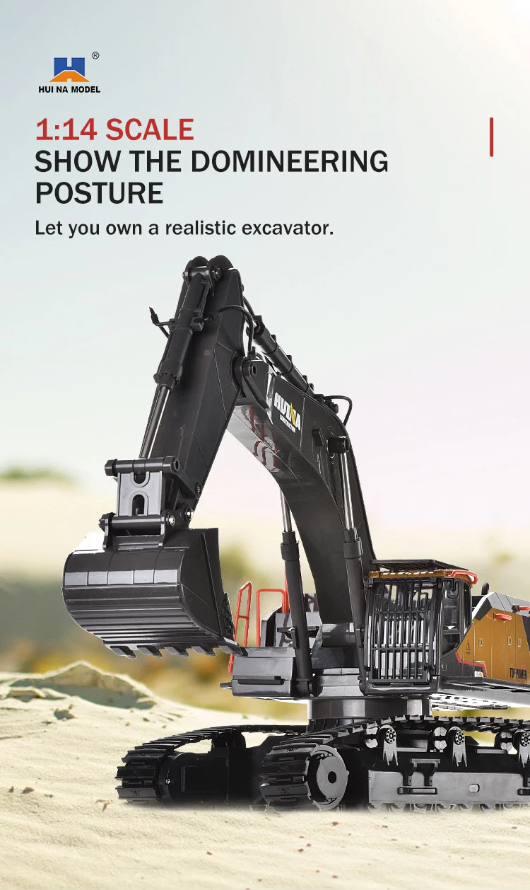HUINA 1592 1:14 Scale RC Excavator 22 Channels 2.4G Semi-Alloy Remote Control Engineering Crawler Tractor Children's Gift