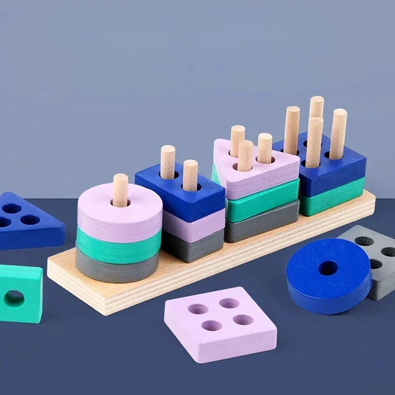 Mini Montessori Wooden Building Blocks Macarone Color Shape Match Puzzle Educational Toys for Boys Girls Toddlers