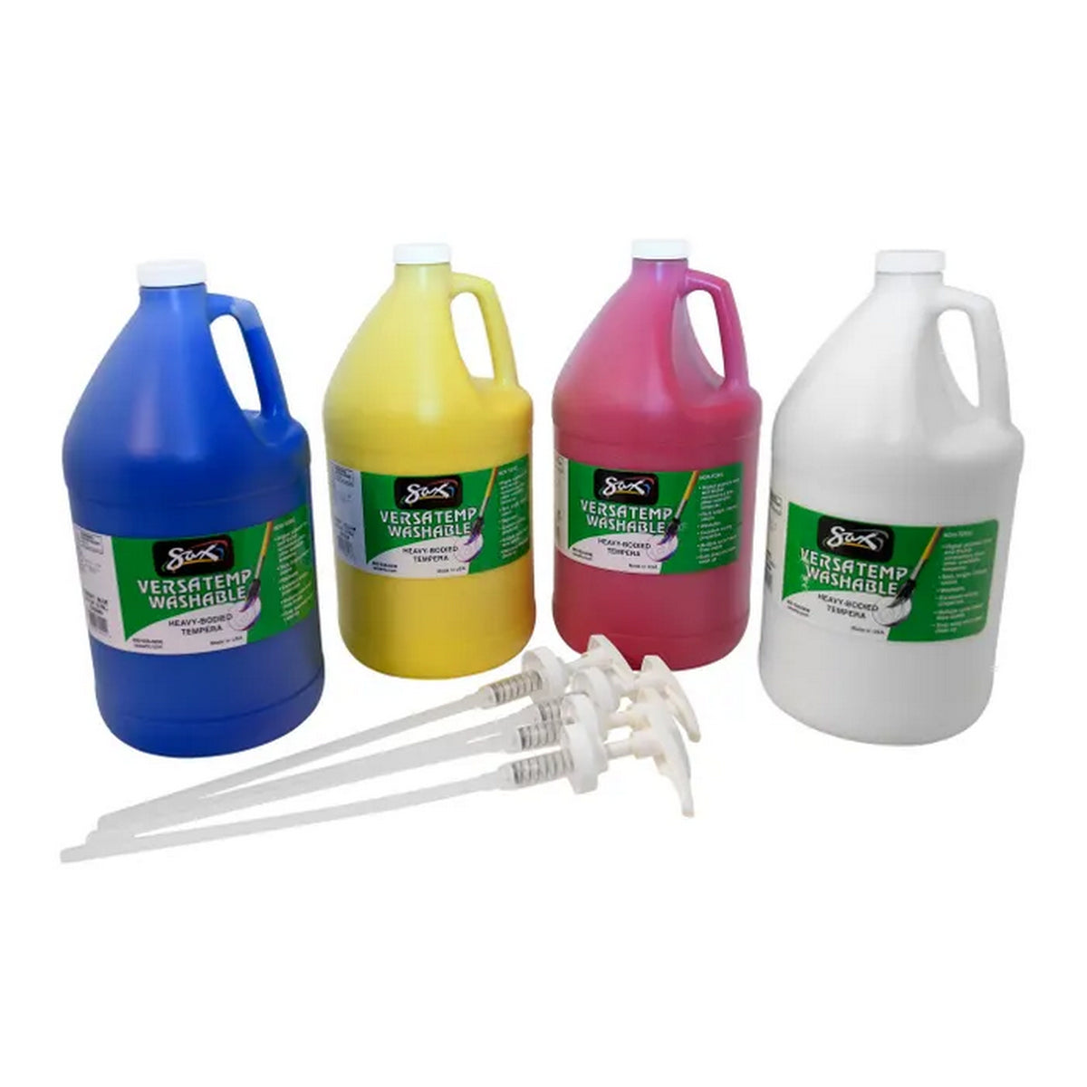 Sax Versatemp Washable HeavyBodied Tempera Paint with Pumps, 1 Gallon Bottles, Assorted Colors, Set of 4