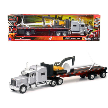 Peterbilt 389 Truck With Flatbed Trailer Silver Metallic With Excavator And Wind Turbine ''Long Haul Truckers'' Series 1/32 Diec