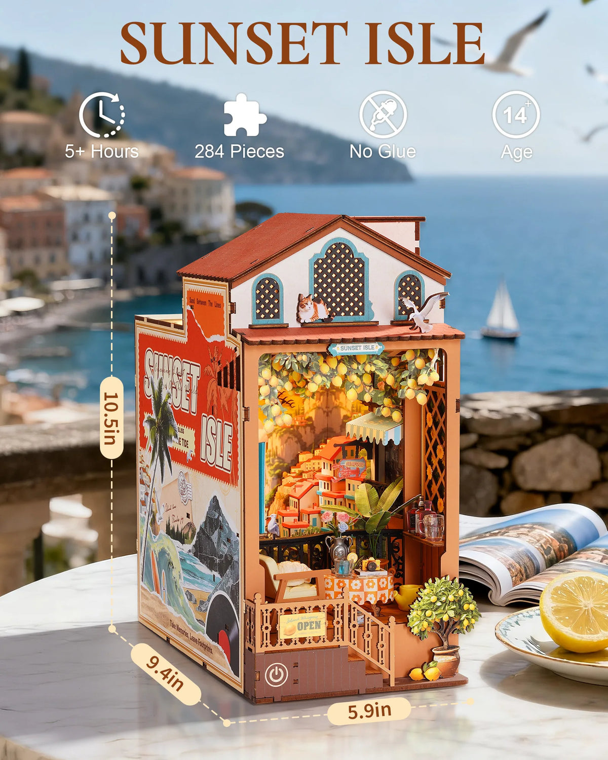 Rolife DIY Book Nook Kit Sunset Isle Bookends Wooden 3D Puzzle Model Building Kit for Bookshelf Decor Gift for Adult Book Lovers