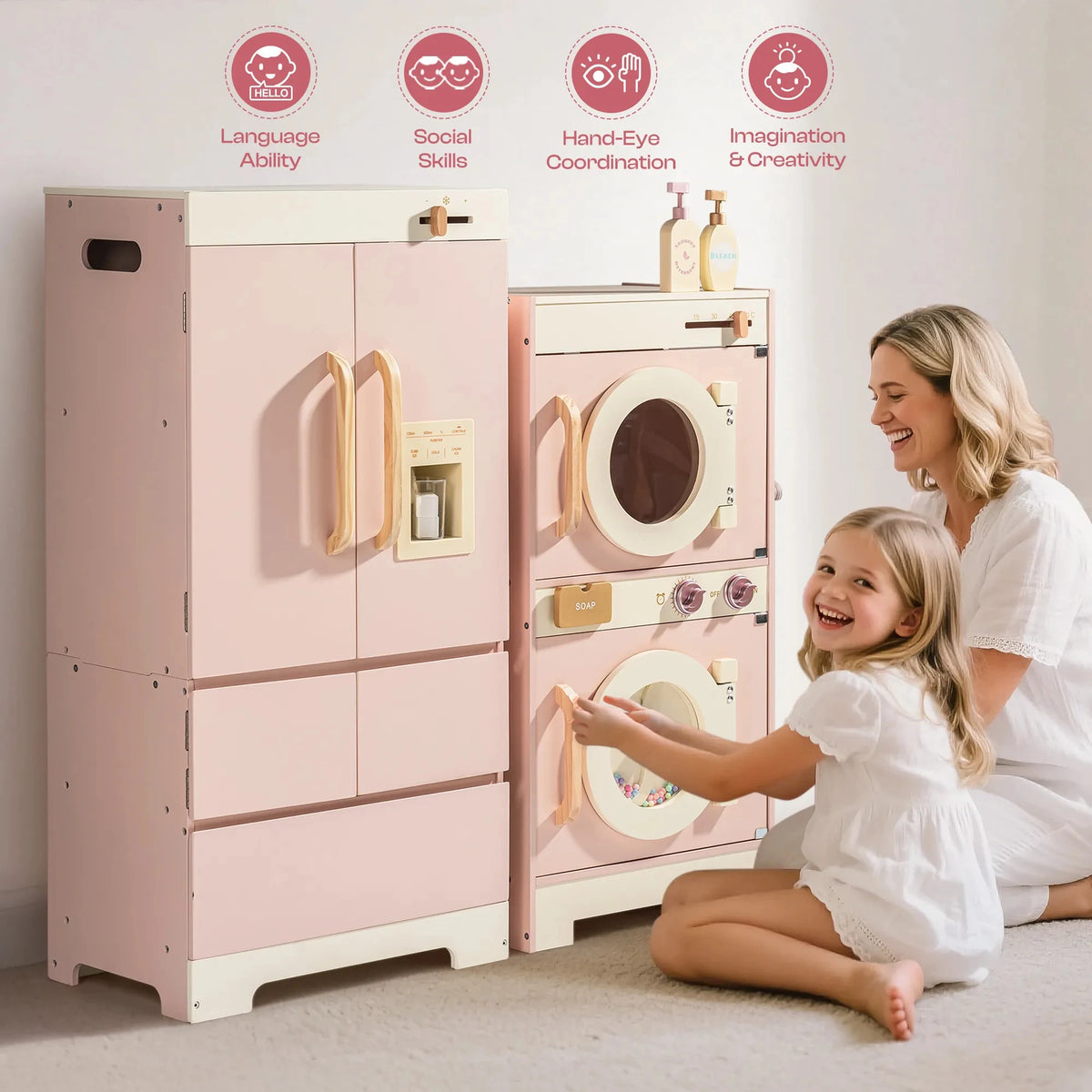 Robud Kids Wooden Pink Play Kitchen All in 1 Corner Set Includes Oven Refrigerator Washer Perfect Birthday Gift for Little Chefs
