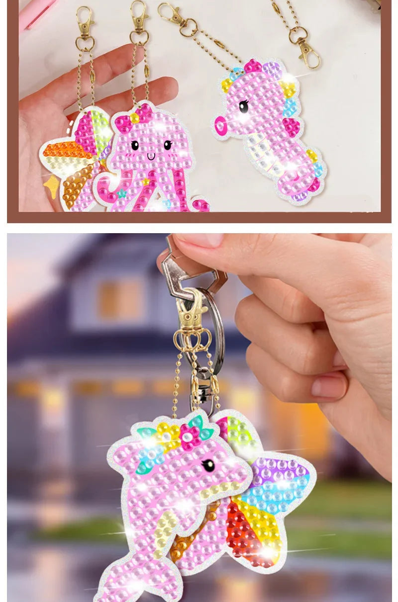 15 Piece Diamond Painting Handicraft Set for Children's Handmade DIY Mermaid Animal Keychain as a Gift for Children's