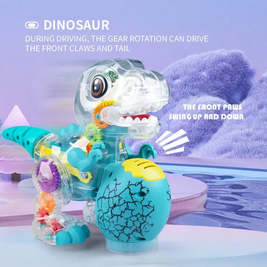 Electric Dinosaur Toy Car for Kids Robot Pet Universal Wheel Bump and Go Swing Toy Transparent Gear with Lights and Music