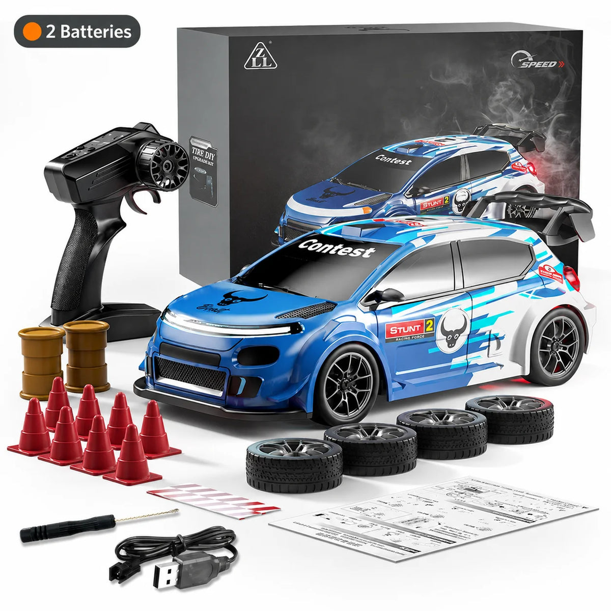 1:24 Scale 4WD Drift RC Car 2.4G Remote Pearl Finish Large Tail Fin Replaceable Racing Drift Wheel Front Rear LED Light Toy Car