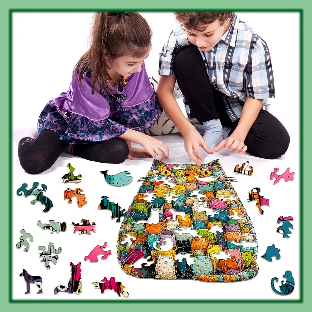 Wooden Cat Jigsaw Puzzle: High-Quality Waterproof Wood, Unique Shape Pieces, 4-6H Assembly, Home Decor & Family Fun Gift