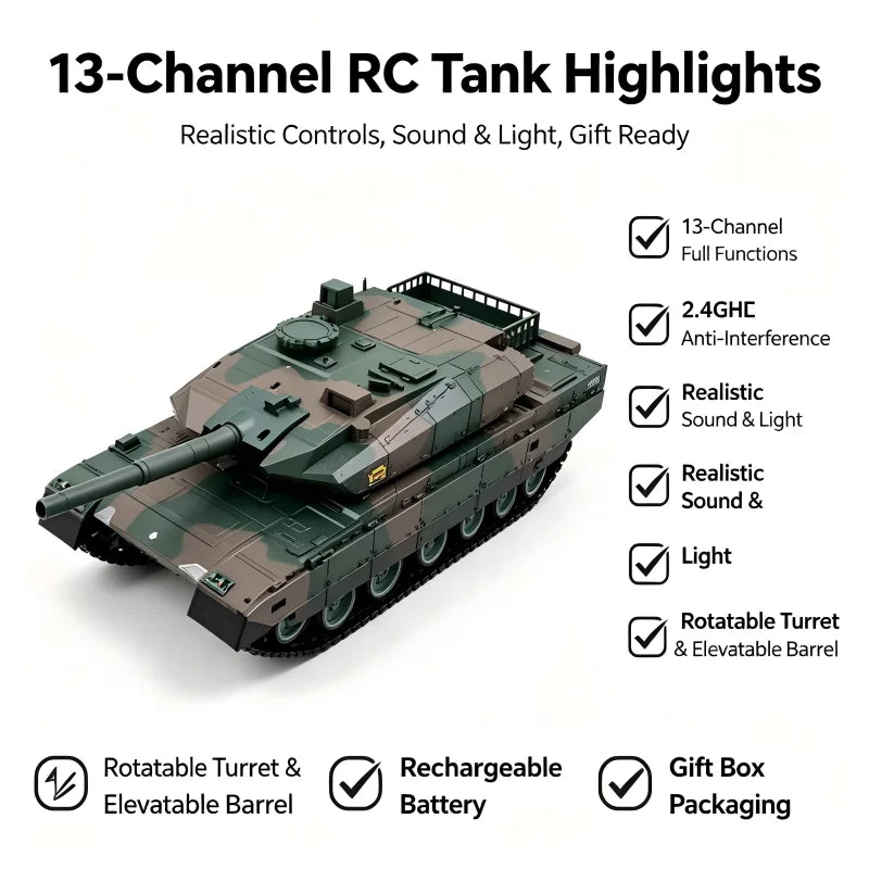 TONGLI Large RC Battle Tank Tracked Off-Road Vehicle, Rechargeable Battery, Multi-Channel Control, Turret Rotation & Elevation, Realistic Sound & Light Effects, All-Terrain Driving, Battle Interaction, Indoor & Outdoor Use, G