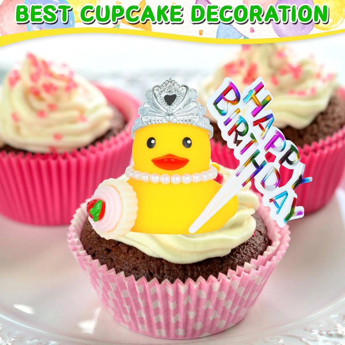 Rubber Ducks with Happy Birthday Sign Party Favors Duck with mini Cupcake Accessory, Pearl Necklace and Crown