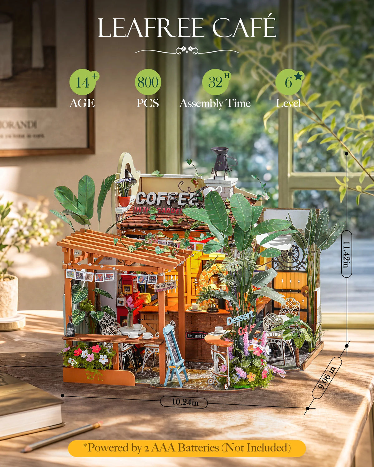 Rolife Wooden Dollhouse 3D Puzzle Leafree Café DIY Miniature House Model Building Kit with LED Light for Home Decor Brain Teasers Jigsaw DIY Craft Kit for Holiday Gift