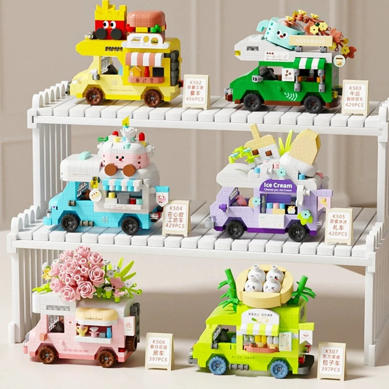 NEW DIY Coffee Car Buns Food Truck Ice Cream Store Flower Street View Building Blocks Kit Bricks Model Toy