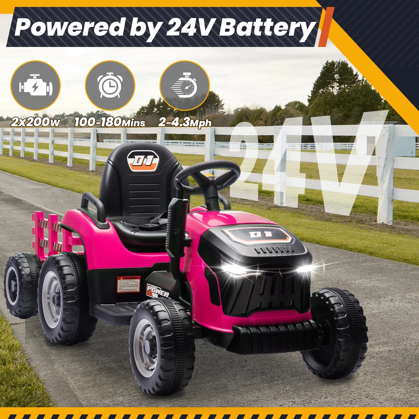 24V Ride On Tractor for Kids, Electric Ride on Toys w/400W Motors, Tiltable & Detachable Trailer, Adjustable Seat, Bluetooth, Mu