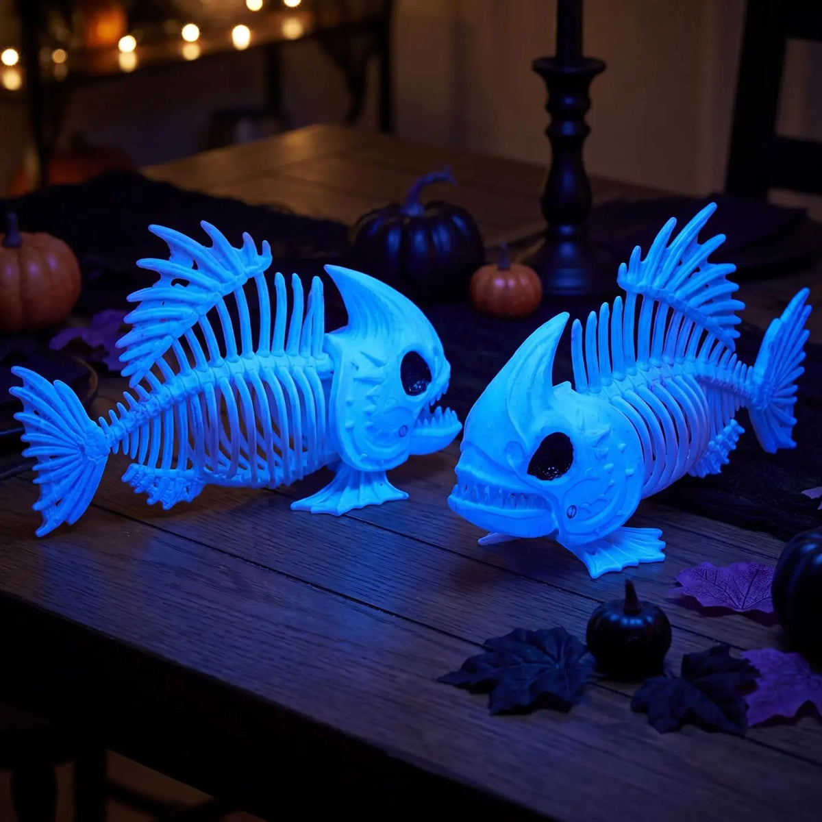 2 Pcs 9.5" Glow in the Dark Fish Skeleton for Halloween Decorations, Luminous Plastic Animal Bones, Indoor Outdoor Yard Lawn Patio Decor, Haunted House Spooky Halloween Party Props