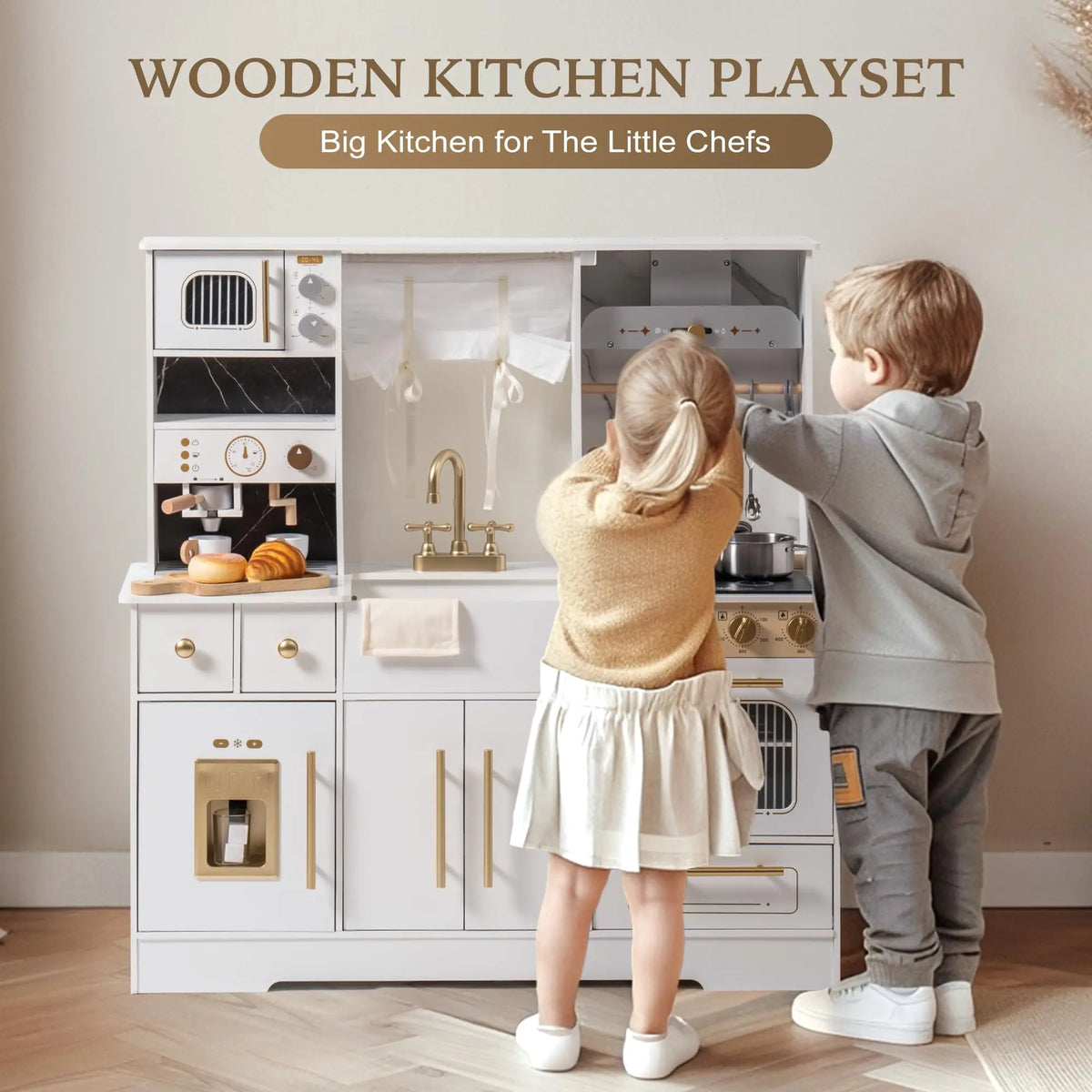 Robud Modern Wooden Play Kitchen Durable Construction with Realistic Accessories Unique Role Play Birthday Gift for Toddlers 3+