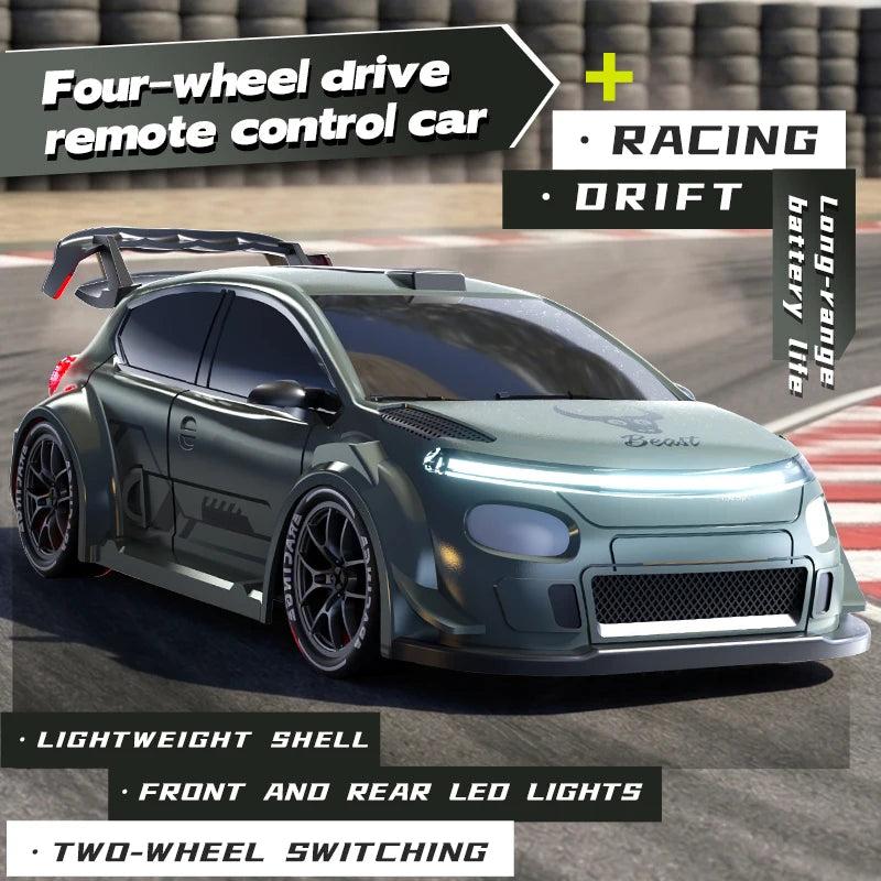 1:24 Scale 4WD Drift RC Car 2.4G Remote Pearl Finish Large Tail Fin Replaceable Racing Drift Wheel Front Rear LED Light Toy Car