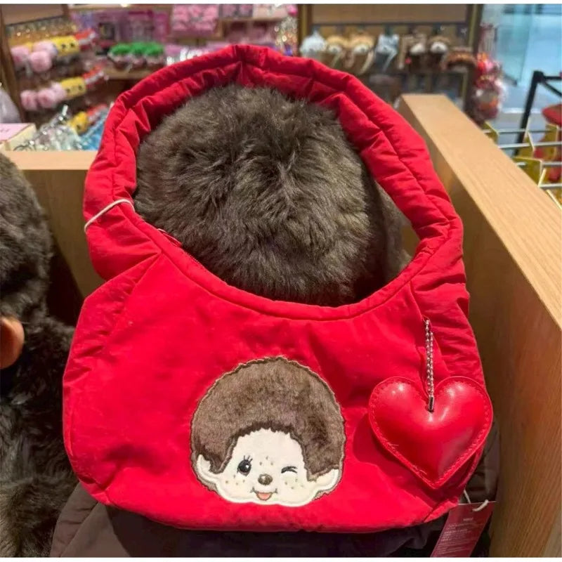 Monchhichi Cute Hobo Bag Soft Puffer Handbag Kawaii Embroidery Underarm Bag with Heart Pendant Casual Daily Tote Bag