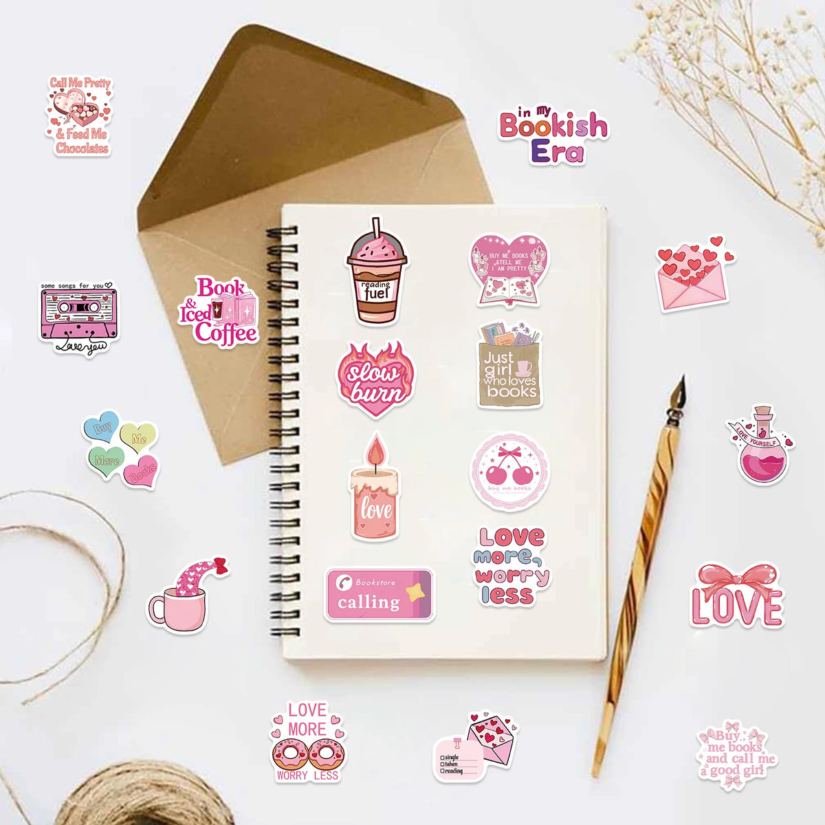 50pcs Pink Bookish Lover Inspirational Stickers Book Themed Decals for Notebooks Water Bottles Luggage Vinyl Stickers Pack