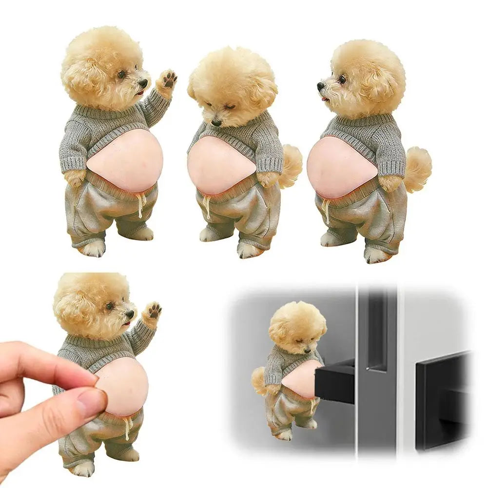 2026 3D Teddy Dog Belly Sticker - Cute puppy wearing orange outfit with soft pink background, silicone self-adhesive