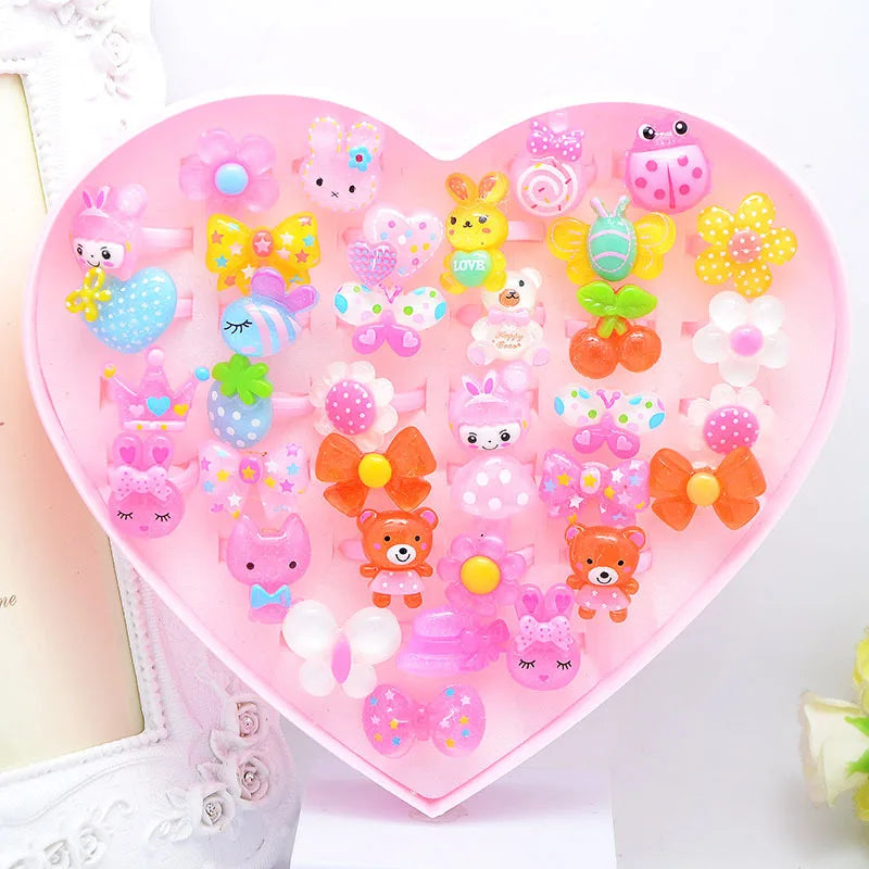 36Pcs Kids Cute Rings Resin Cartoon Jewelry Flower Shape Adjustable Ring Set Creative Accessories Girl Gifts