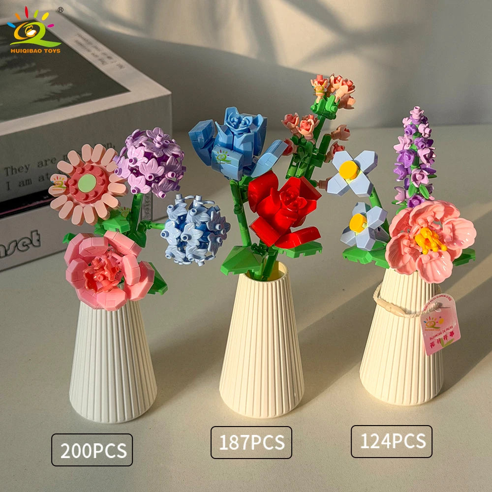 HUIQIBAO MOC Eternal Flower Bouquet with pot Micro Building Block Sunflower Rose Mini Model Brick Toy home Desk Decoration