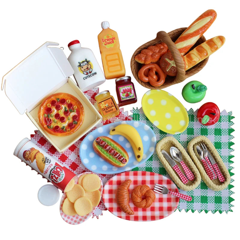 44PCS 1:6 Dollhouse Miniature Honey Bread Pizza Picnic Basket Model Mini Play Kitchen Food & Drink Set for Doll Accessories