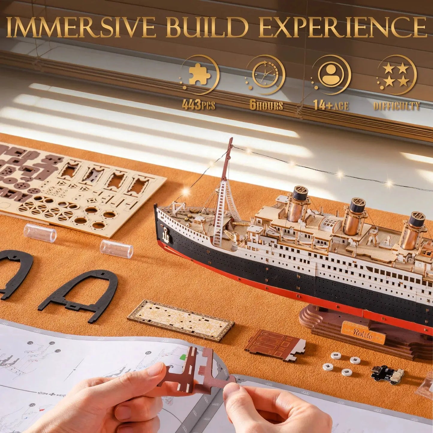 Rolife Wooden 3D Puzzle 1912Eternal Atlantic Voyager Building Model Kit 433PCS Puzzle Toys Craft Kits Gift for Adult Kid Teen