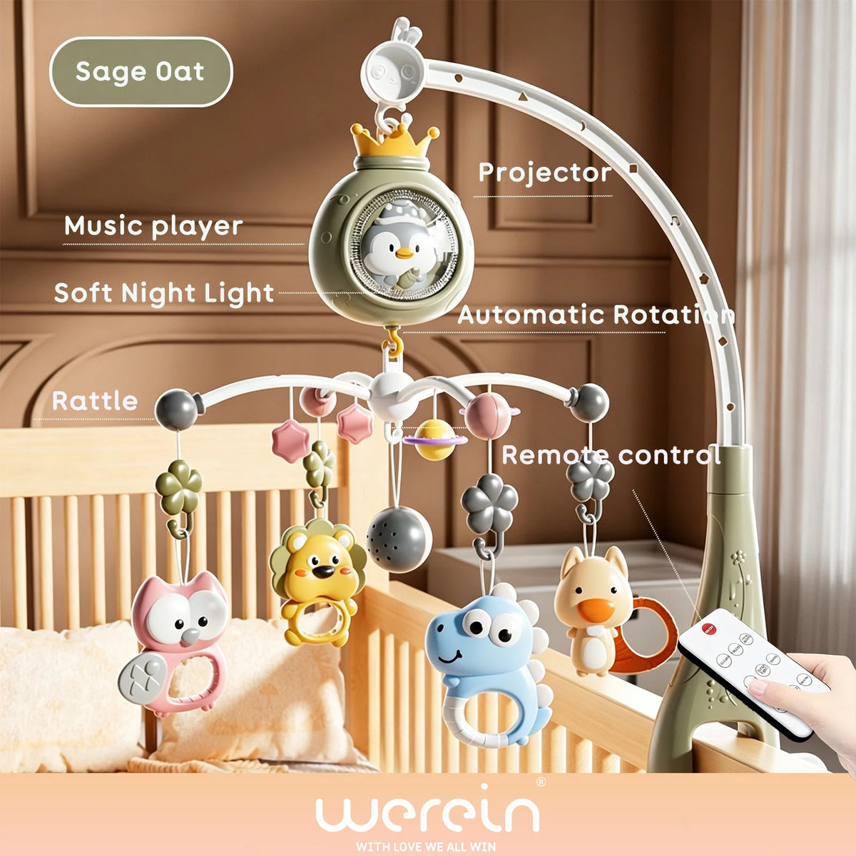 Werein Baby Crib Mobile with Remote Control Projection Musical Bed Bell Soft Night Light Lullaby Rotating Hanging Toy