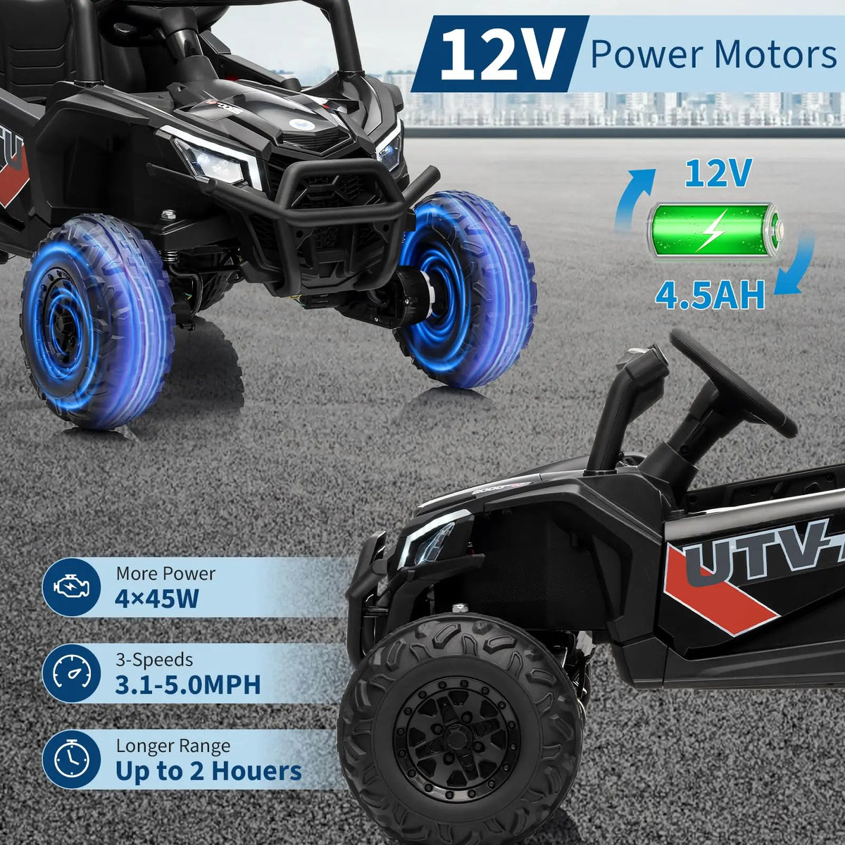 12V Kids Ride On Car UTV Truck With Remote Control 4WD/2WD Switchable Electric Vehicle With 4 Spring Suspension EVA Tires Safety Belt Double Open Doors Bluetooth Music LED Lights for Ages 3-8 Years