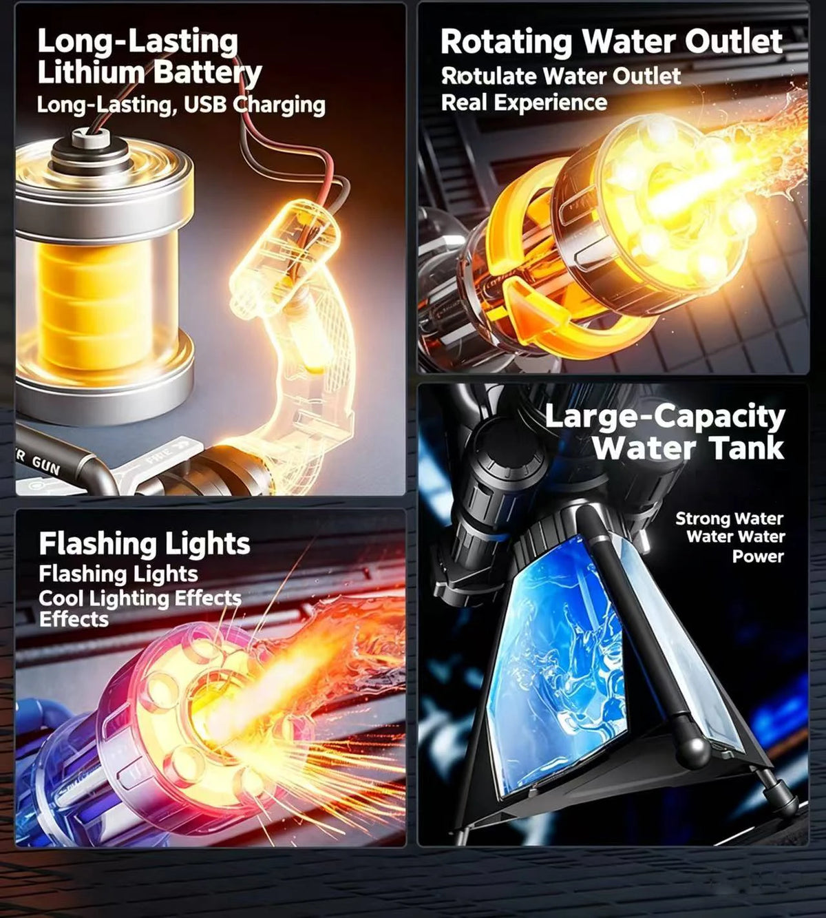 Gatling Rotating Electric Water Gun with Light-Up High Speed Continuous Shooting Powerful Water Blaster Summer Outdoor Toy