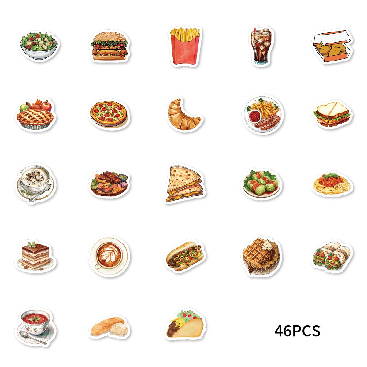 46pcs Burger, Pizza, Coffee American Food Theme Stickers Decorated Notebook Water Bottle Diary Classic Toy Scrapbook DIY Decal