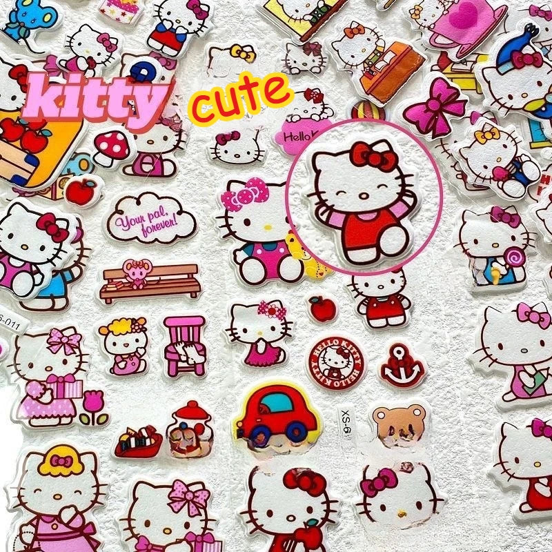 12Steets Kawaii Sanrio Hello Kitty Bubble Stickers Cute Three-Dimensional 3D Stickers Cartoon Kids Toys Gift DIY Decals