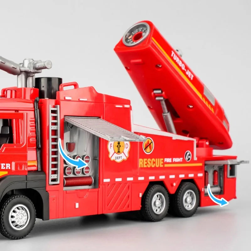 1:32 Spray Fire Truck Model Water Spray Ladder Trucks Toy Car Sound Light Pull Back Doors Opened Vehicle Collection Boys Gift