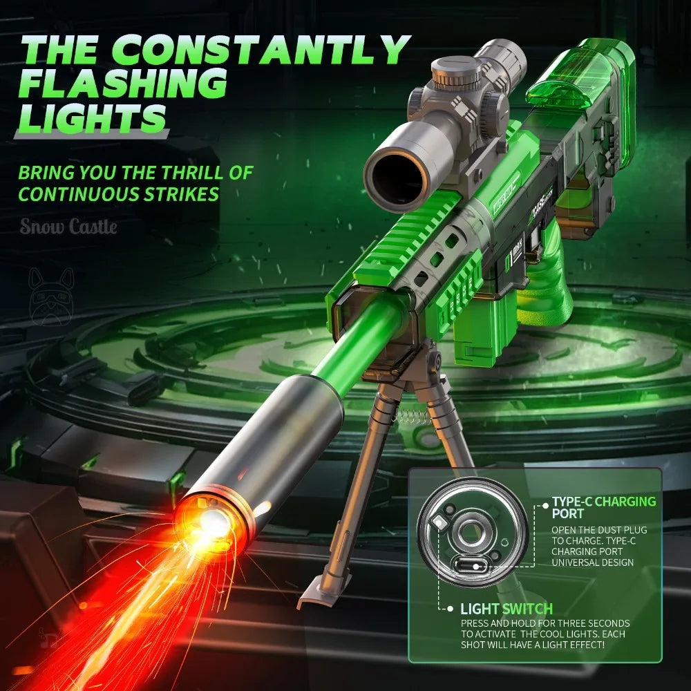 Full Auto Electric Water Gun Toy with Flashing Light Rapid-Fire Motorized Blaster for Summer Outdoor Fun & Kids Play Game