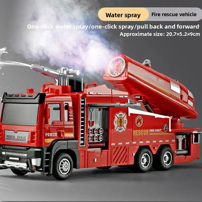 1:32 Spray Fire Truck Model Water Spray Ladder Trucks Toy Car Sound Light Pull Back Doors Opened Vehicle Collection Boys Gift