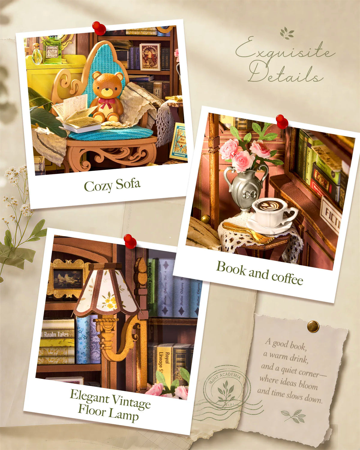 Rolife Quiet Corner Study DIY Book Nook Kit 185-piece 3D Puzzle Toys with Warm LED Light for Bookshelf Decor DIY Miniature House Molde Building Kit Gift for Book Lovers