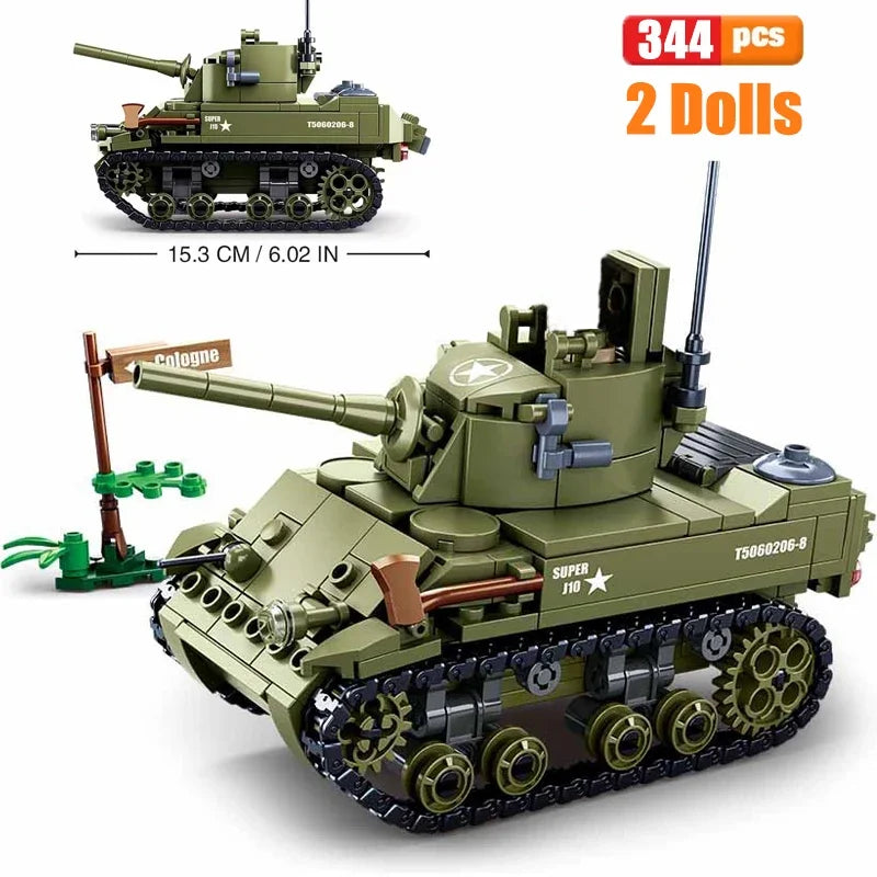 SLuban MOC WW2 Series Normandy Landing P-51 Mustang Fighte Building Blocks Higgins Landing Craft Modle Bricks Tank Toys For Kids