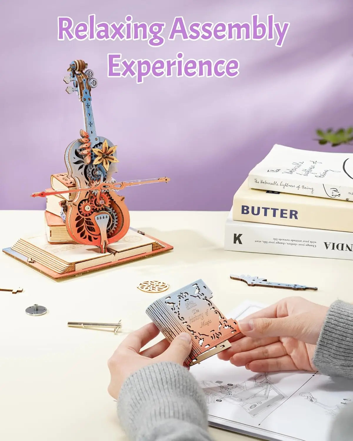 ROKR Wooden 3D Puzzle Music Box - Magic Cello Automatic Playing Mechanical Model Building Kit for Desktop Decor Holiday Gift for Adults Teens