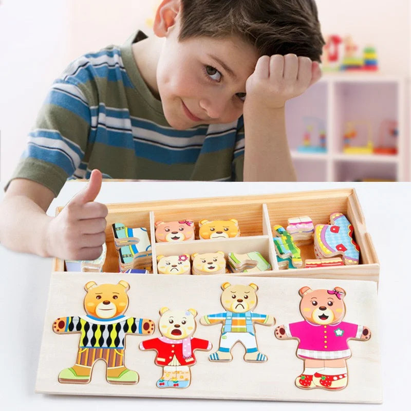 Montessori Little Bear Change Clothes Kids Early Education Wooden Jigsaw Puzzle Dressing Game Baby Puzzle Toys For Children Gift