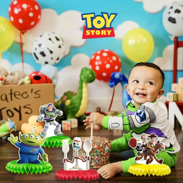 2026 New Colorful DIY Toy Theme Honeycomb Balls Party Decorations Table Ornaments Strawberry Bear Woody Buzz Lightyear