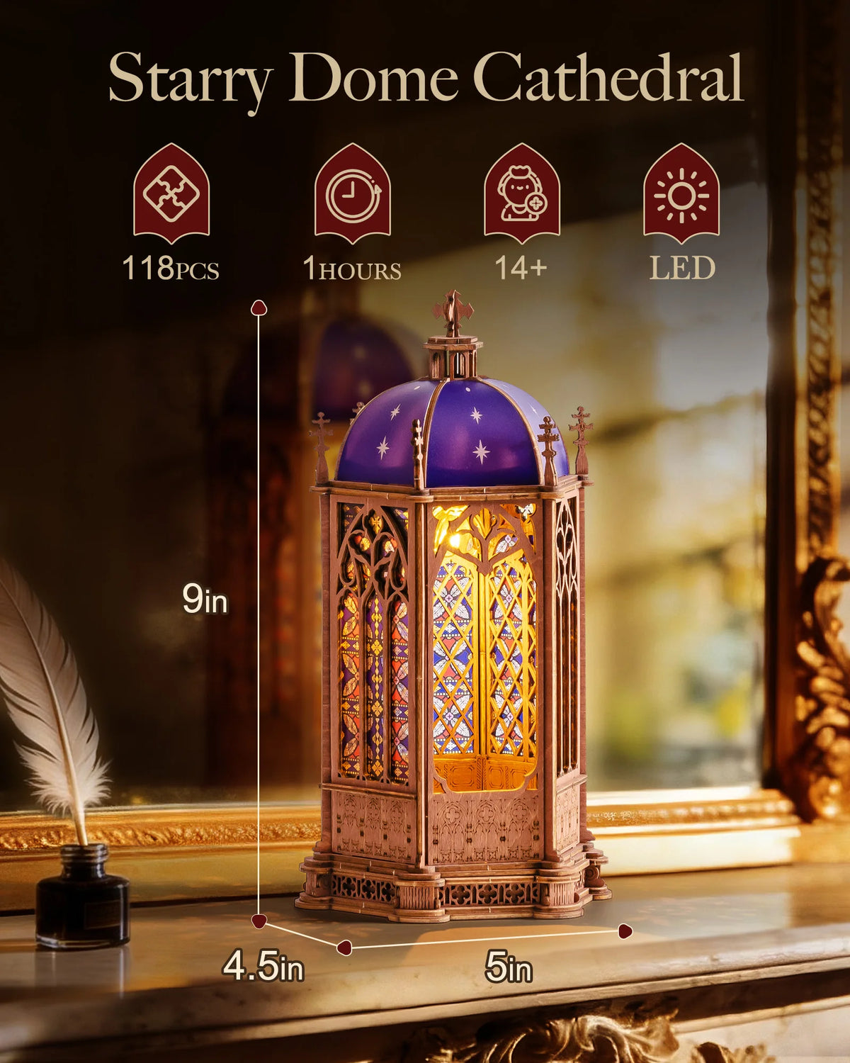 Rolife Wooden 3D Puzzle Twin-Tower Cathedral Model Building Kit DIY Miniature House Kit with LED Light for Bookshelf Decor