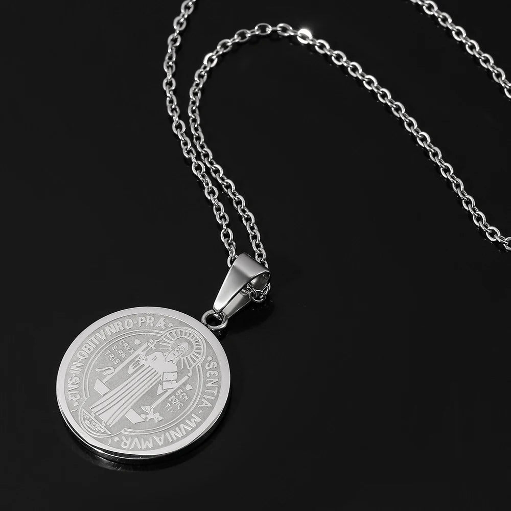 Catholic Saint Benedict Medallion Pendant Necklace Stainless Steel San Benito Collares Choker Women Men