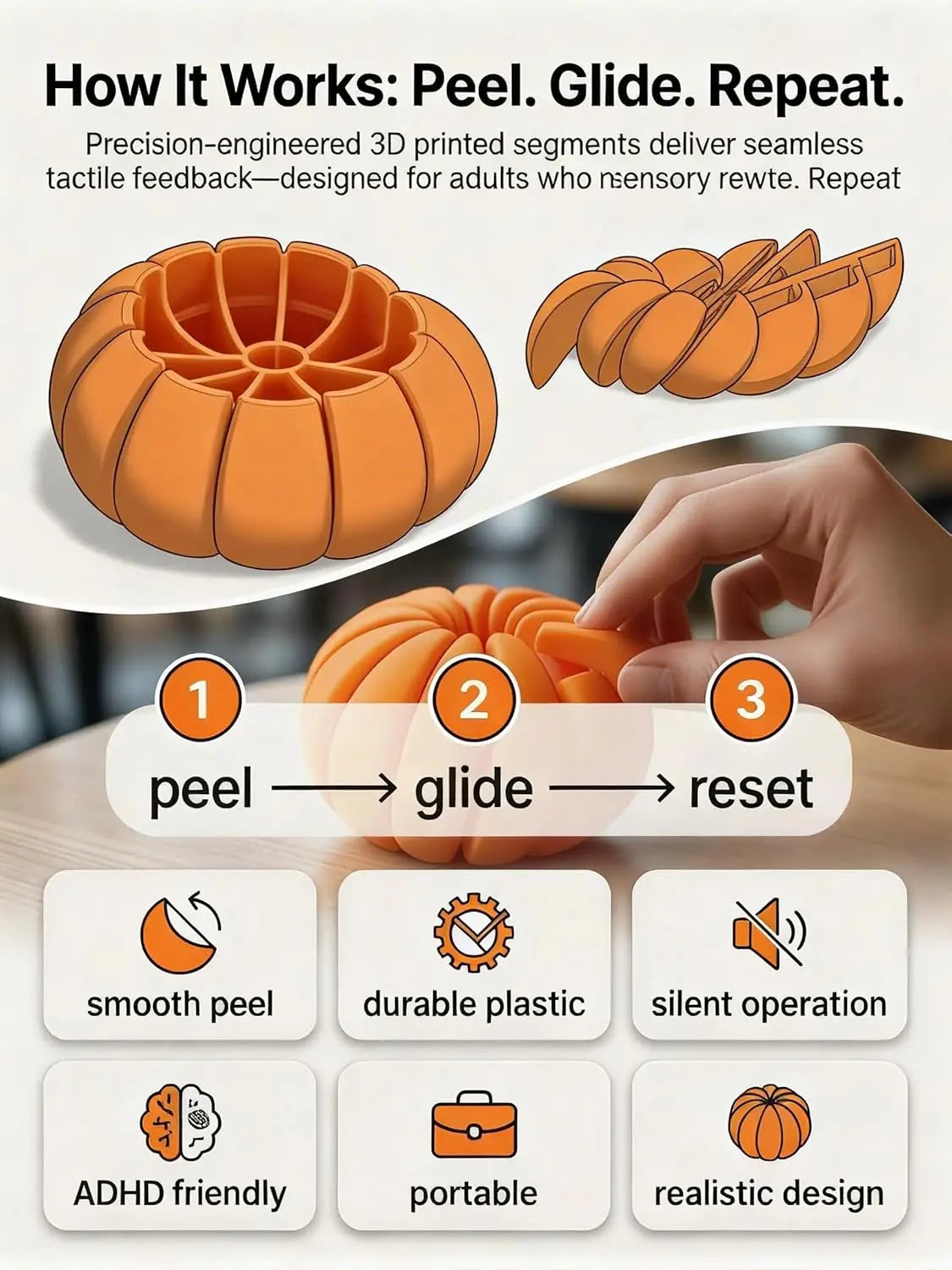 3D Printed Twisty Fidget Citrus with Smooth Rotation Realistic Orange  with Sliding Slices Desk Ornament Deformation Ball