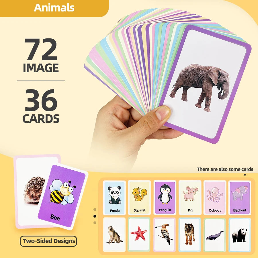 36 Double-Sided Animal Recognition Cards for Kidsren's Enlightenment and Learning through Pictures, Paper-Based Fun Teaching Cards