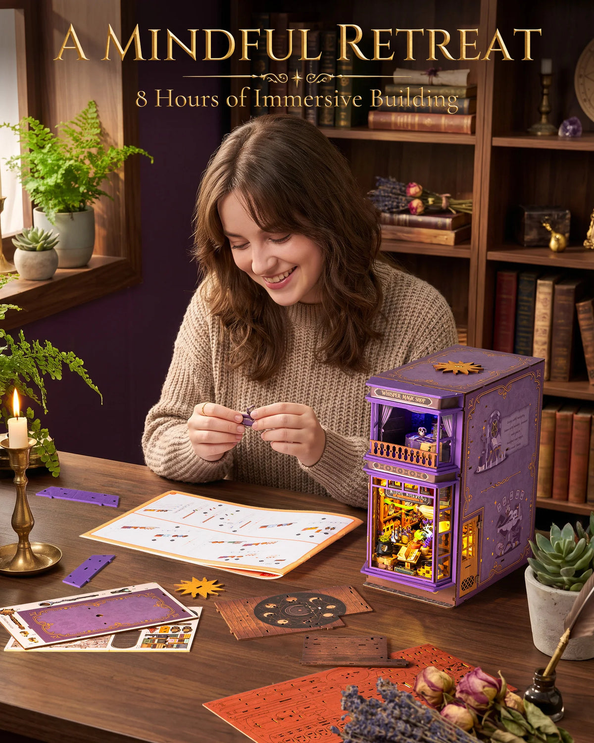 Rolife DIY Book Nook Kit 3D Puzzle Whisper Magic Shop Wooden Bookends with LED Light for Bookshelf Decor Brain Teasers Jigsaw Toys Holiday Gift for Adults