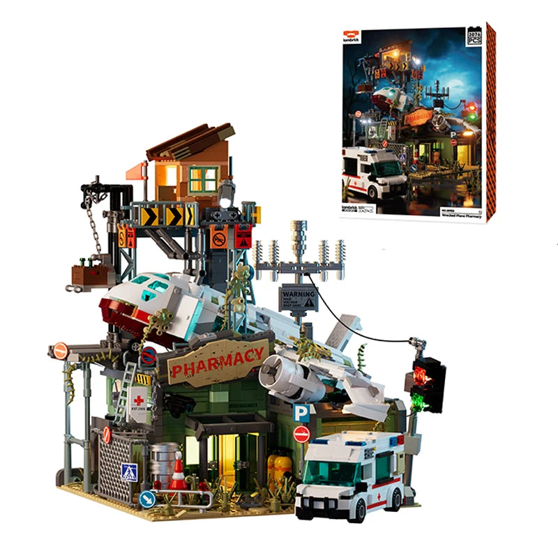 2076PCS Wrecked Plane Pharmacy Building Blocks Set MOC City Street View Bricks Model Desktop Ornament DIY Assembly Toys For Birthday Christmas Gifts